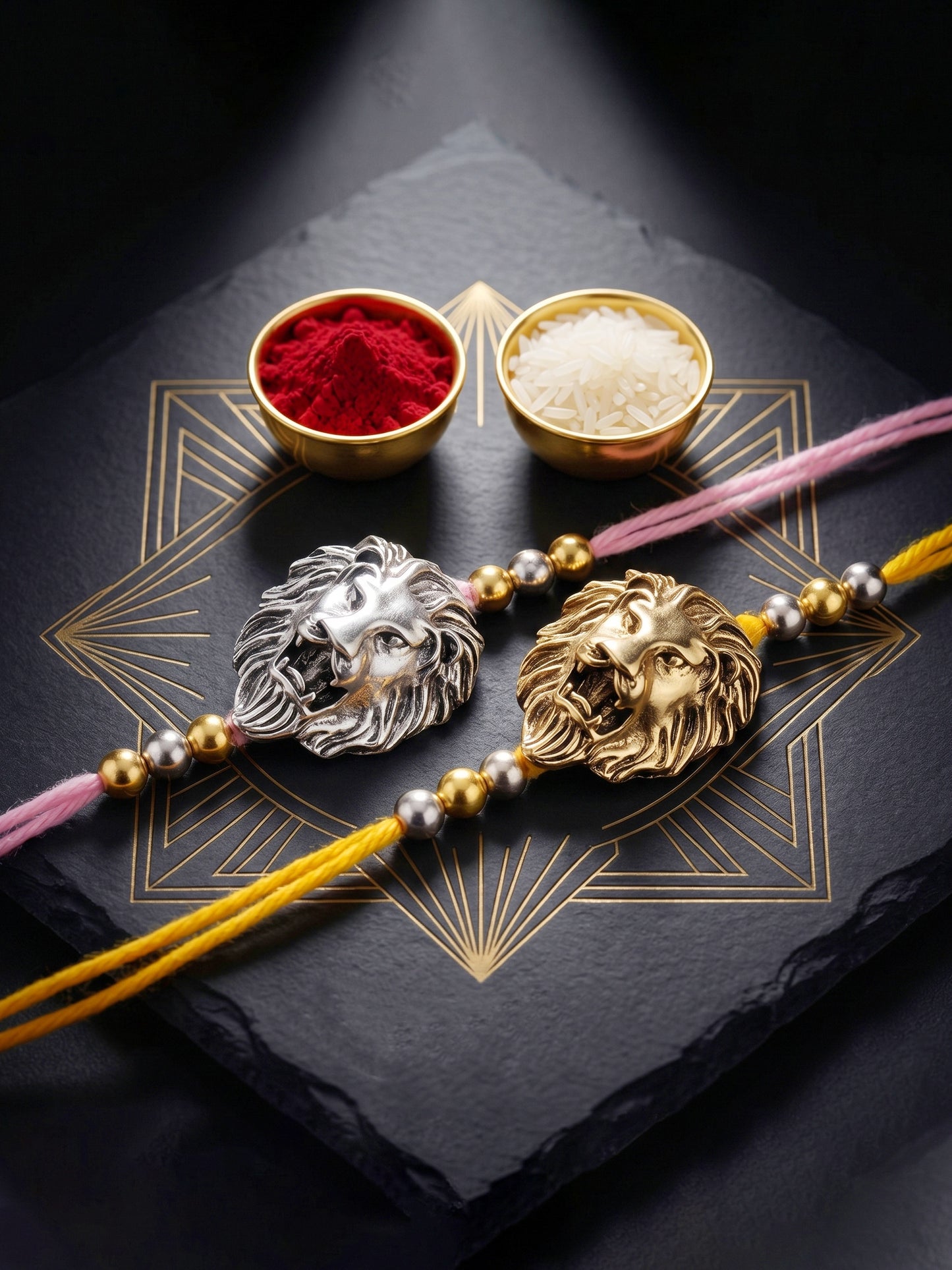 Lion Face Rakhi Set of 2 for Brothers With Metallic Gold & Silver Charm with Beaded, Roli, Chawal (250-CHR1-1175-2-2026)