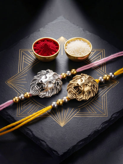 Lion Face Rakhi Set of 2 for Brothers With Metallic Gold & Silver Charm with Beaded, Roli, Chawal (250-CHR1-1175-2-2026)
