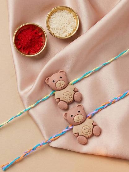 Set of 4 Small Teddy Bear Pendant Rakhi for Kids with Colorful Braided Thread, Roli Chawal & Card (130-CHR1-1948-4-2026)