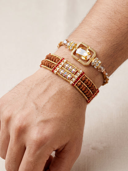 Designer Combo of 2 Rectangular Centerpiece Stone & Rudraksha Style Rakhi by Lucky Jewellery with Red Accents, Roli & Chawal (174-S7R1-2315-2)