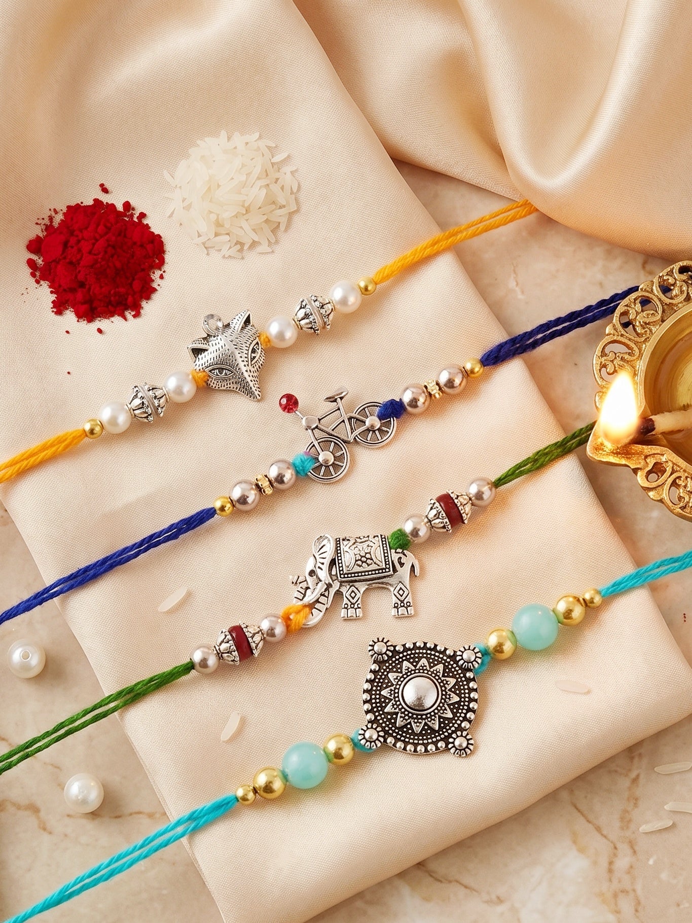 Set of 4 Animal & Cycle Rakhi for Kids with Multi & White Beads, Roli Chawal & Card (122-JPR1-1983-S-4-2026)