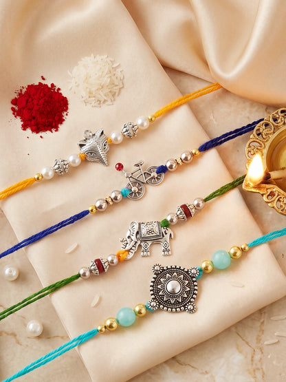 Set of 4 Animal & Cycle Rakhi for Kids with Multi & White Beads, Roli Chawal & Card (122-JPR1-1983-S-4-2026)