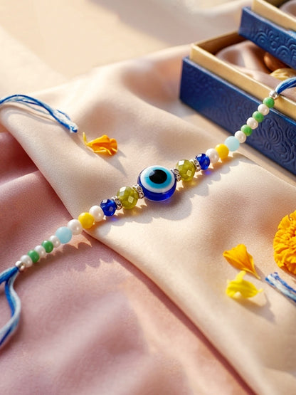 Blue Evil Eye Rakhi with Greeting Card and Roli Chawal Set for Rakshabandhan (57-S5R1-RN2244)