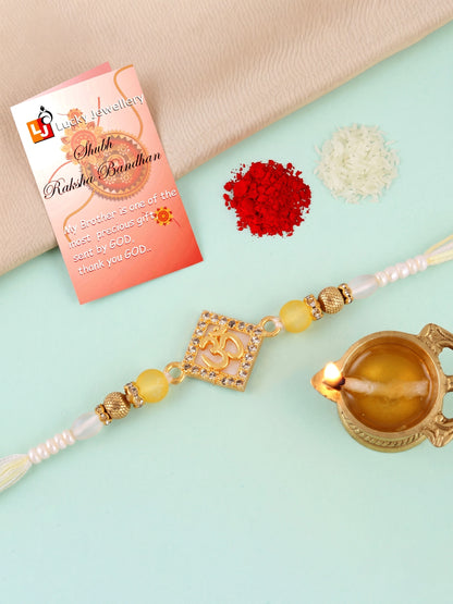 Designer Square Om Rakhi For Brother With Roli Chawal And Card | Gold-Tone Rhinestone Studded Rakhi (100-S7R1-IO3801)