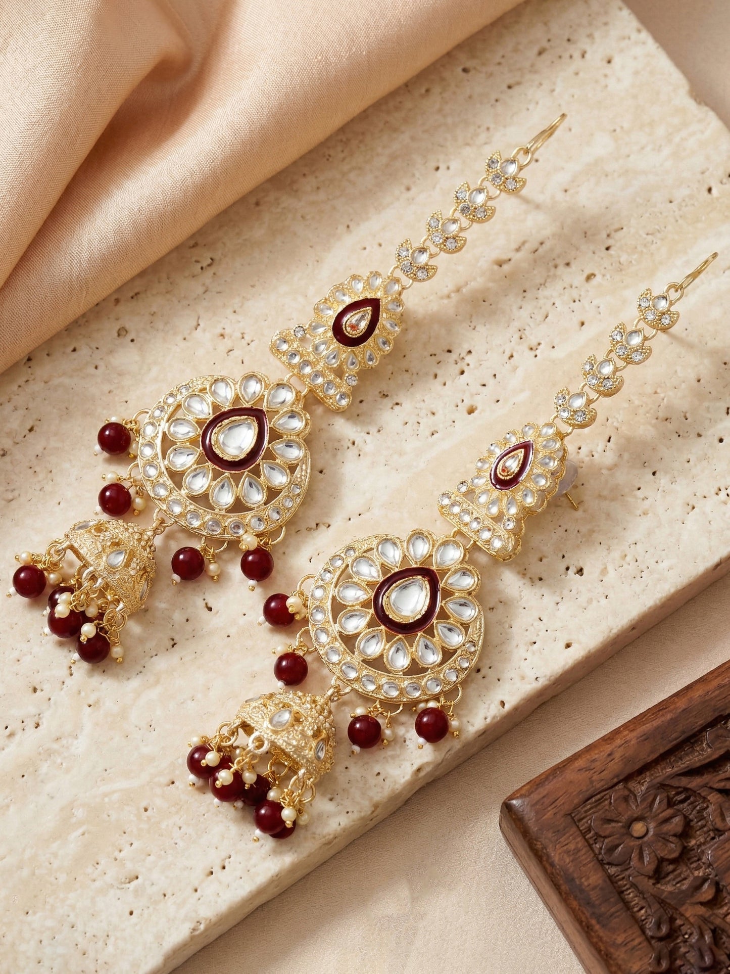 Bridal Kundan Maroon Heavy Choker Jewellery Set with Hathphool & Nath (2640-IZK-551-M)