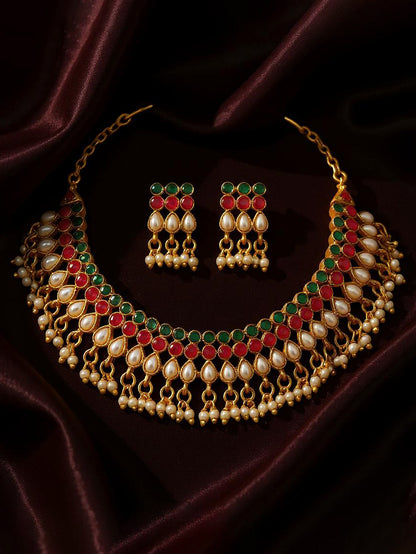 Gold Plated Beaded Choker Necklace Set with Earrings for Women and Girls