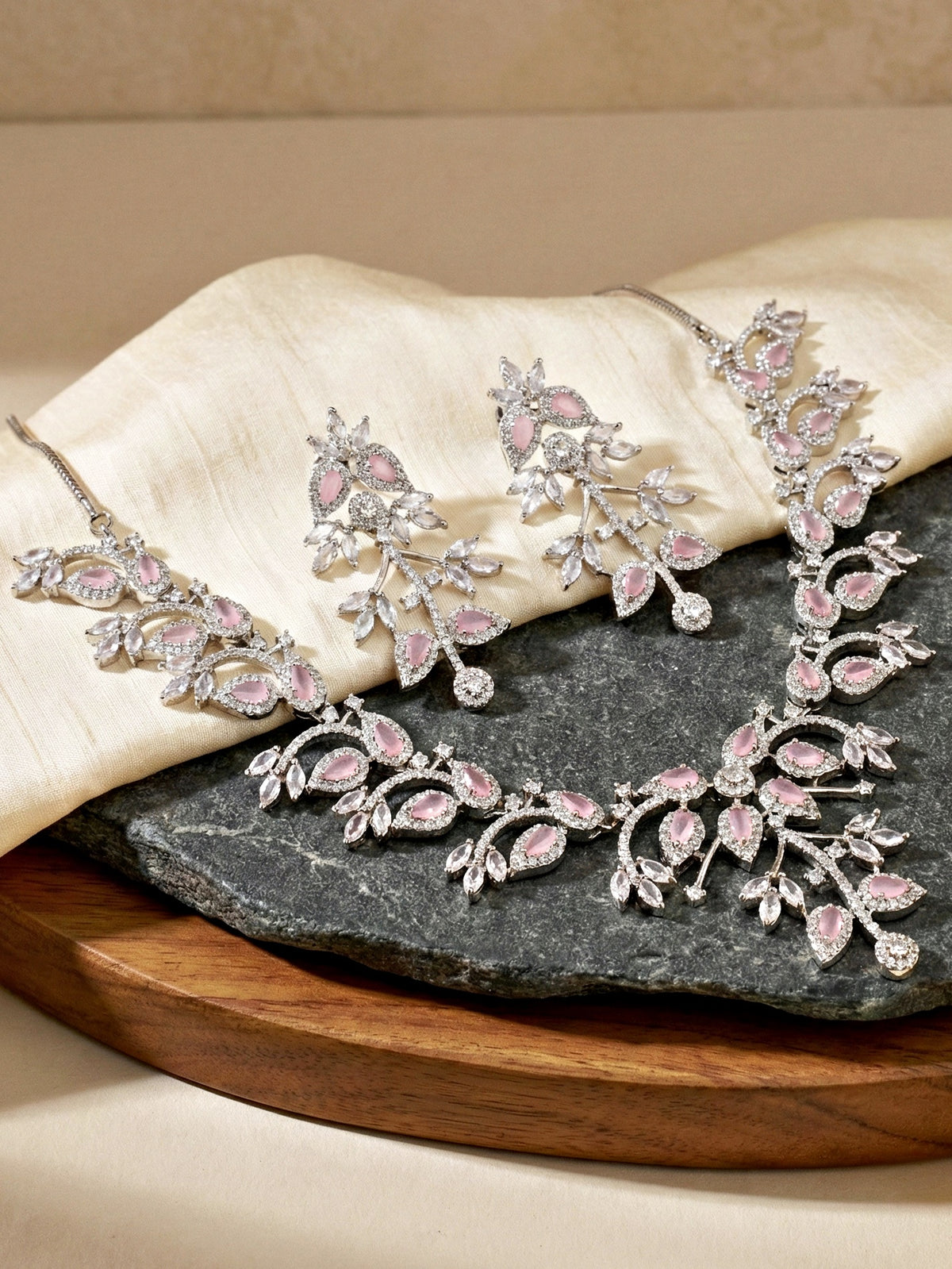 Silver-Tone Pink Stone & American Diamond Necklace Set with Earrings for Women – Office, Party & Function Wear (1948-K4SA-2241-PK-S)