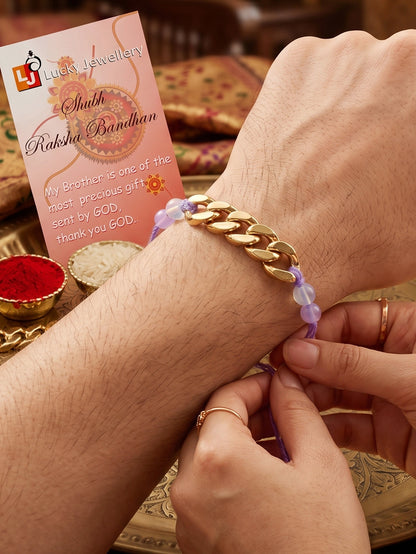 Set of 2 Modern Gold Chain Link Rakhi for Brother with Lavender Beads, Roli Chawal & Card (105-CHR1-1197-2-2026)