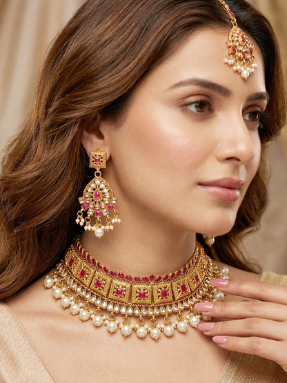 Lucky Jewellery Gold-Plated Ruby Color Choker Necklace Set (866-G2SR-006-R)