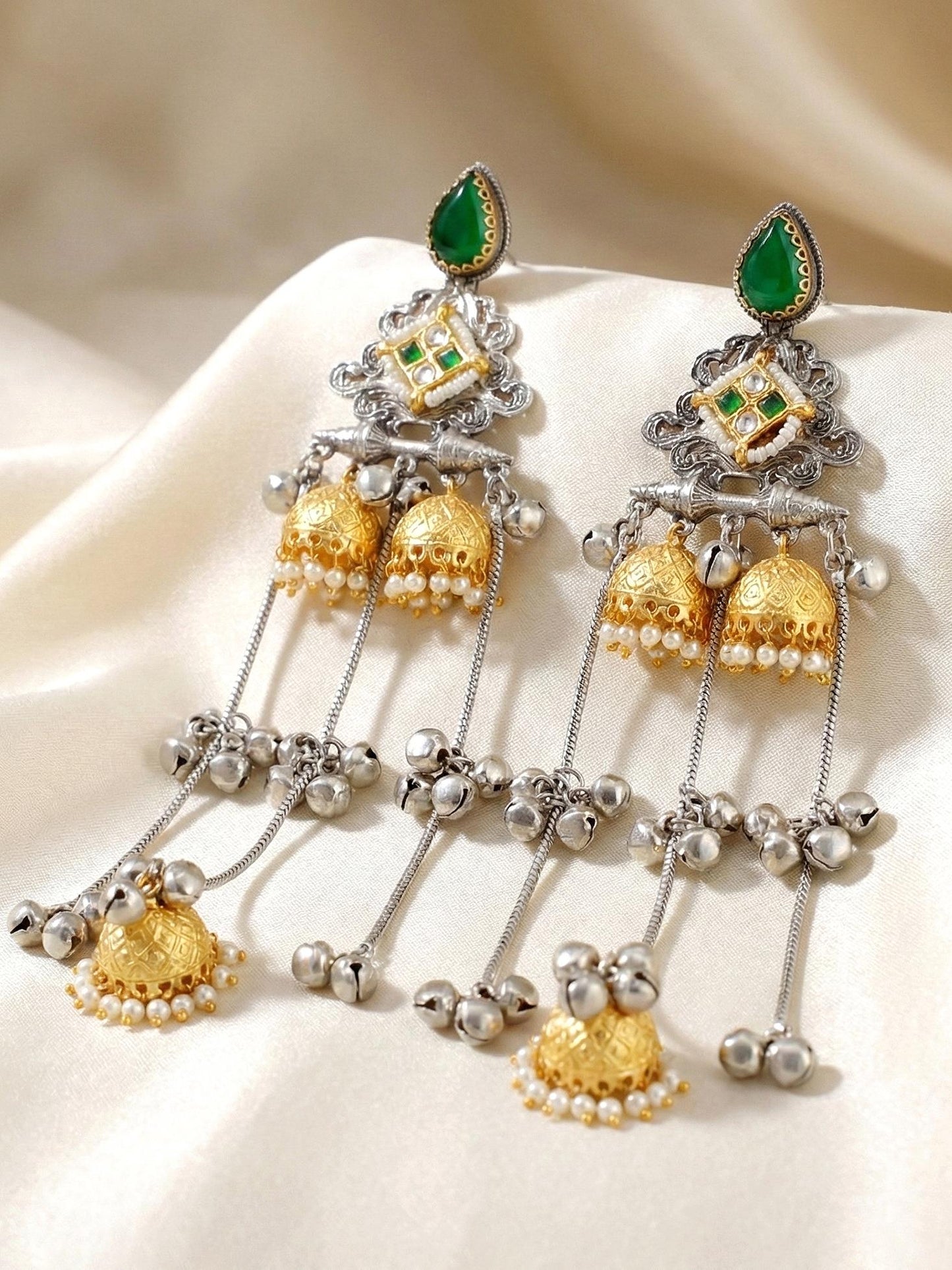 LUCKY JEWELLERY Oxidized Silver Kashmiri Earrings with Green Stone, Triple Gold Jhumka Chains, Designer Jhumkee Earrings for Girls & Women | Birthday & Anniversary Gift
