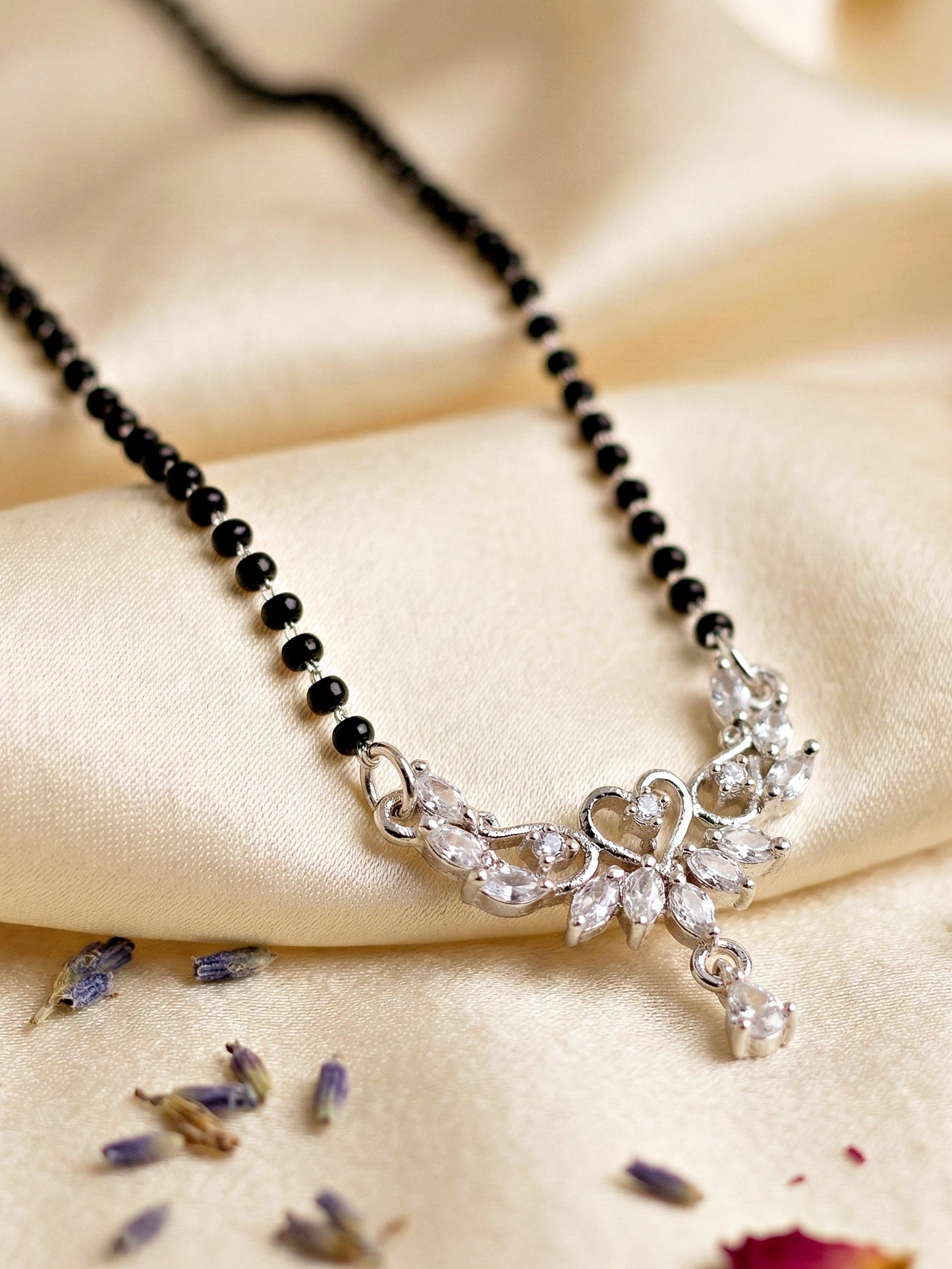 Lucky Jewellery Silver-Toned CZ Heart Drop Mangalsutra for Women (110-K4MA-2244-S)