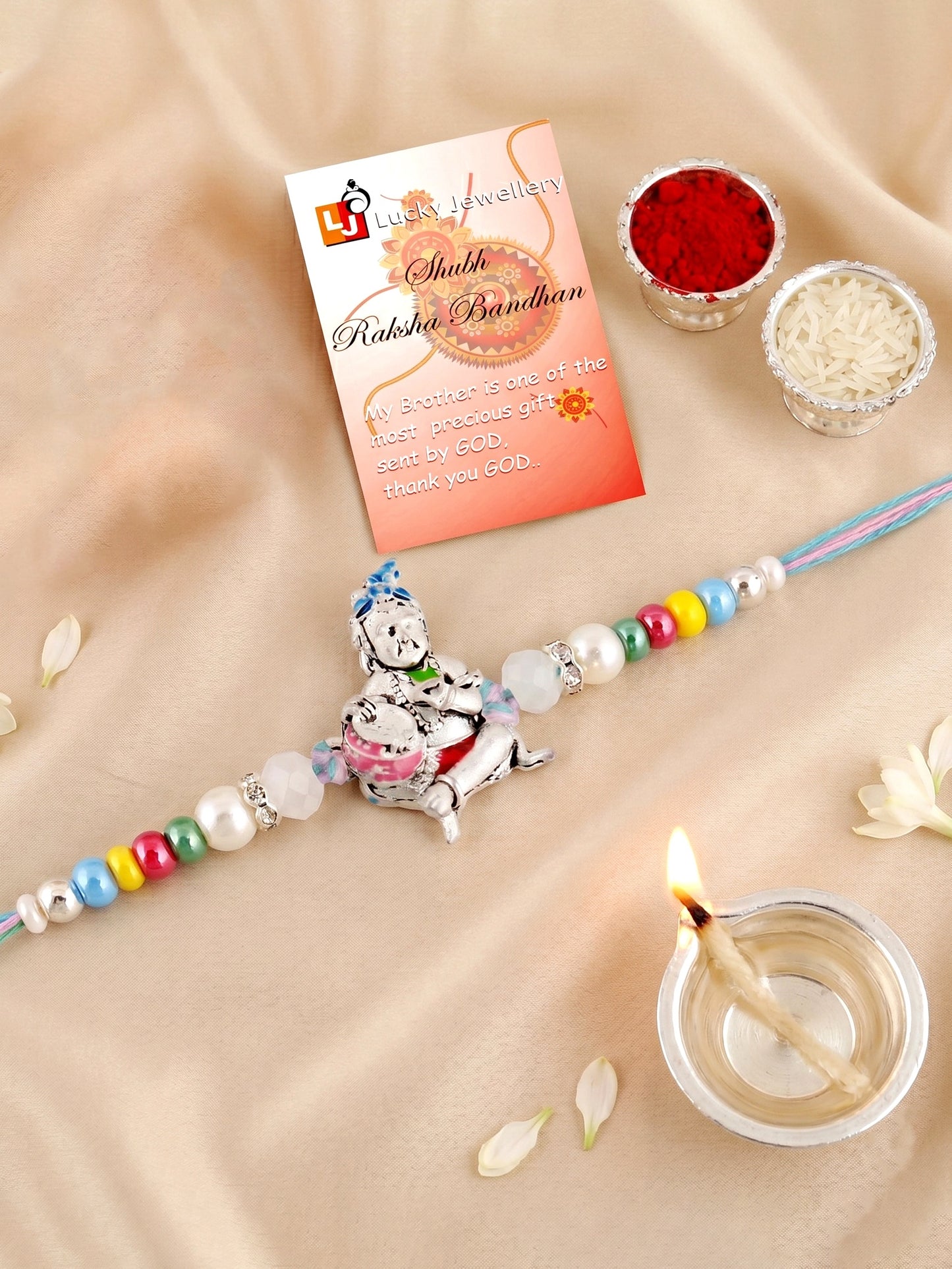 Silver-Tone Bal Gopal Makhan Chor Beaded Rakhi For Brother With Roli Chawal &  Card (102-S5R1-AR2727)