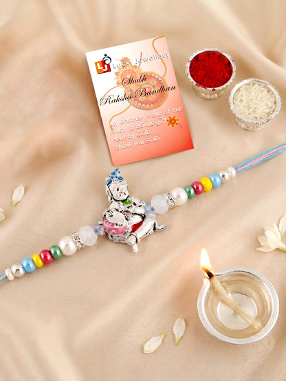 Silver-Tone Bal Gopal Makhan Chor Beaded Rakhi For Brother With Roli Chawal &  Card (102-S5R1-AR2727)