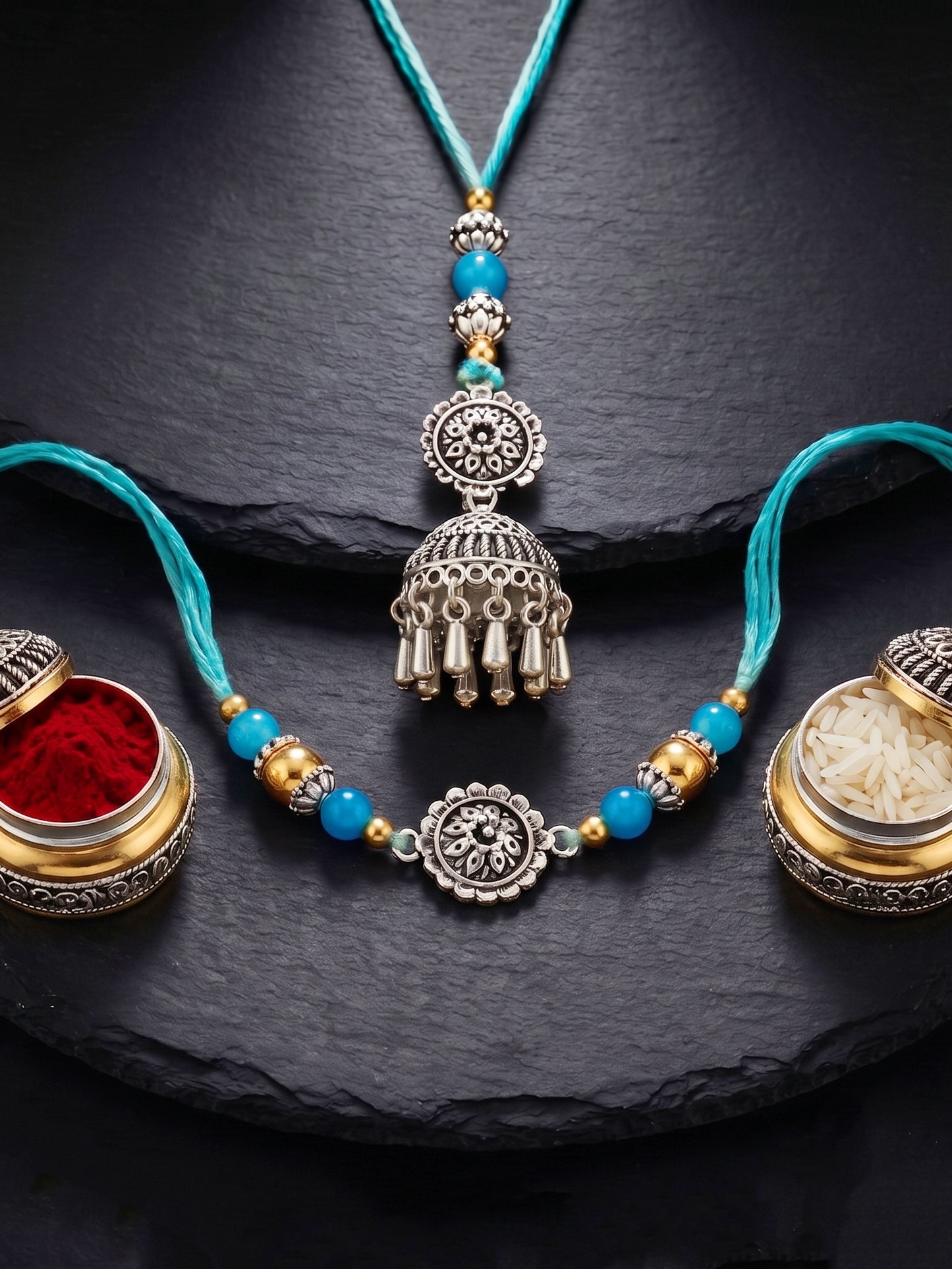 Set of 2 Bhaiya Bhabhi Rakhi Set with Oxidised Floral & Jhumka Lumba, Blue Beads,Roli Chawal & Card (144-JPCR1-1983-S-2-2026)