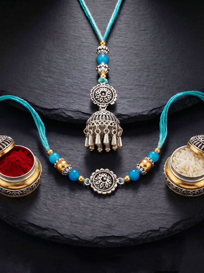 Set of 2 Bhaiya Bhabhi Rakhi Set with Oxidised Floral & Jhumka Lumba, Blue Beads,Roli Chawal & Card (144-JPCR1-1983-S-2-2026)