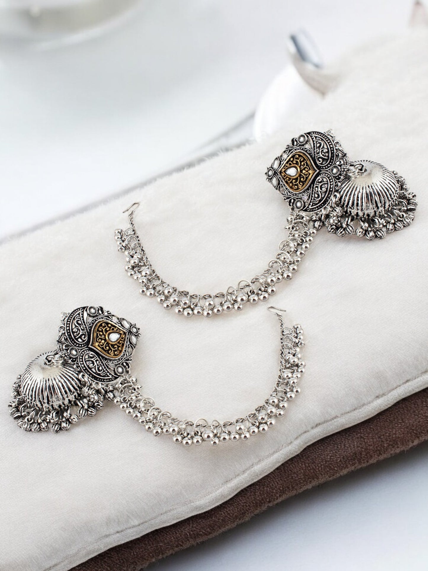 Trendy Oxidised Silver Plating Jhumki Earring For Women and Girls | Designer Earrings with Tasseled Ear Chain (367-TJO-16905)