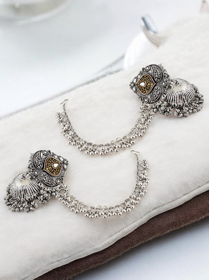 Trendy Oxidised Silver Plating Jhumki Earring For Women and Girls | Designer Earrings with Tasseled Ear Chain (367-TJO-16905)