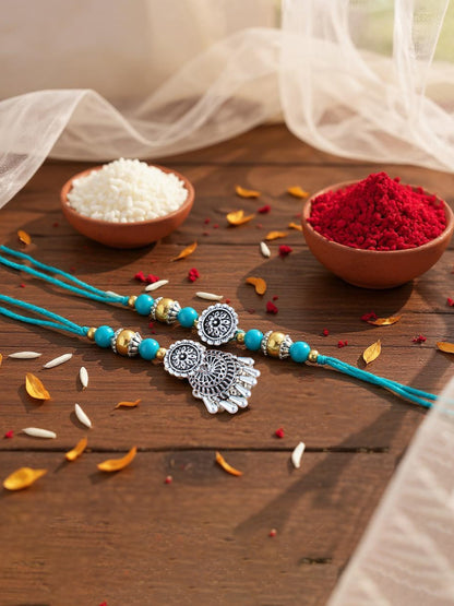 Lucky Jewellery Designer Oxidised Silver Rakhi - Rakshabandhan Rakhee with Tasseled Lumba Bracelet for Brother/Bhaiya/Bhai/Bhabhi - Pack of 2 (144-JPCR1-1983-S-2)