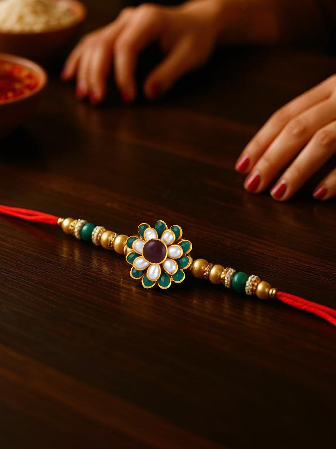 Lucky Jewellery Designer Gold Plated Maroon & Green Color Pachi Floral Rakhi - Rakshabandhan Rakhee with Pearl Lumba Bracelet for Brother/Bhaiya/Bhai/Bhabhi - Pack of 2 (173-JPCR1-1858-MG-2)