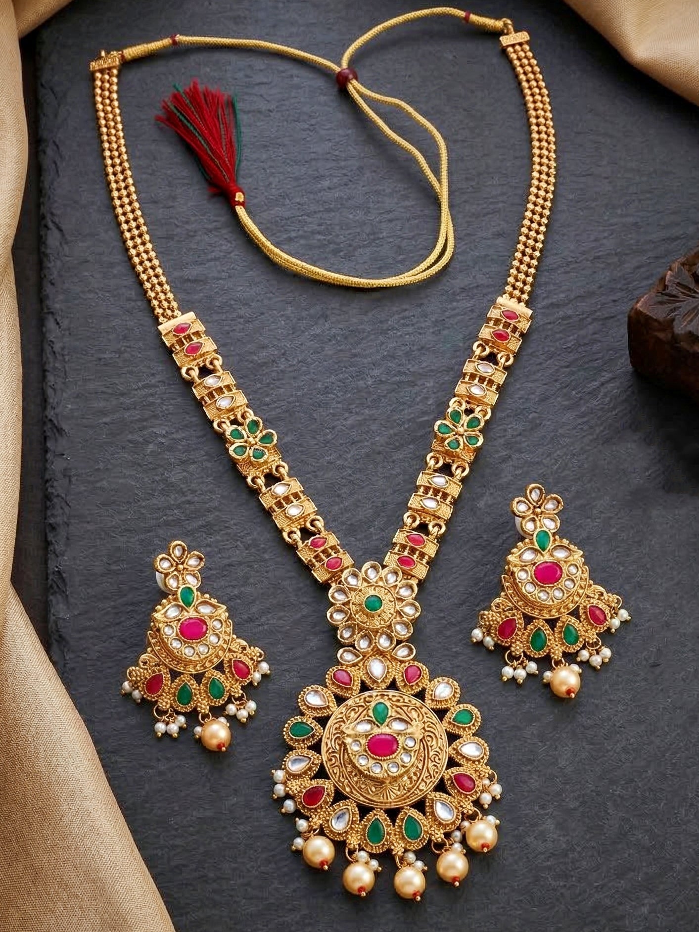 Lucky Jewellery Gold-Plated Ruby & Green Color Long Necklace Set (732-G2SR-194-RG)
