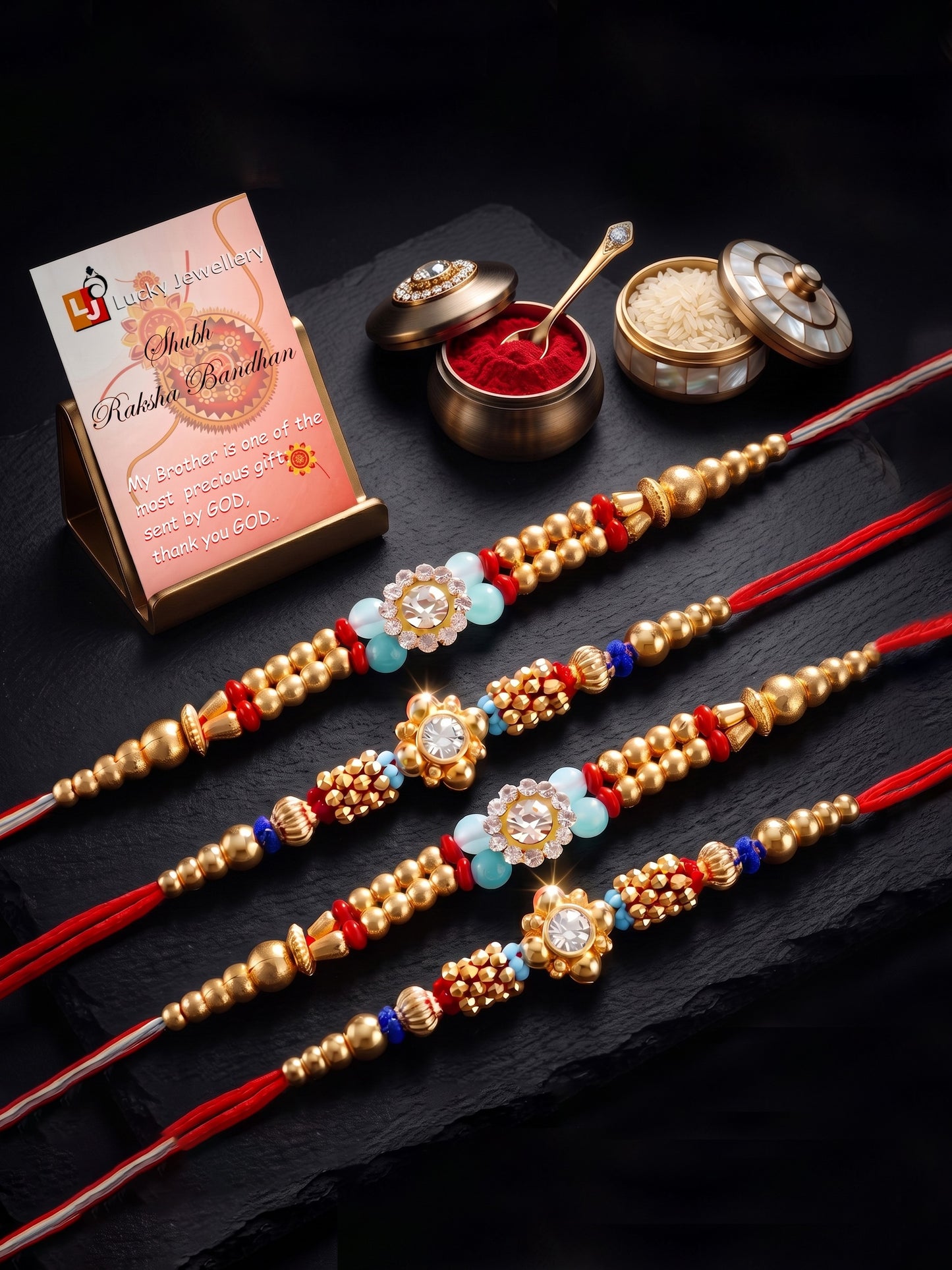 Lucky Jewellery Set of 4 Rakhi with Small Crystal Floral Centerpieces, Gold-Tone Beads, Roli Chawal & Card (58-S7R1-2314-4)