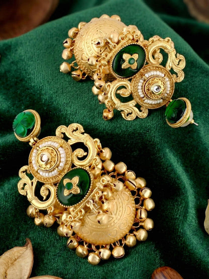 LUCKY JEWELLERY Traditional Gold Plated Green Stone Jhumka Earrings with Ghungroo | Kashmiri Style Designer Jhumki Earrings for Girls & Women | Wedding, Festival, Party & Gift Wear