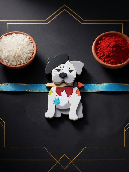 Kids Rakhi for Little Brother, Cute Cartoon Dog Acrylic Charm on Soft Blue Ribbon, Roli, Chawal (425-CHR1-1194-1-2026)