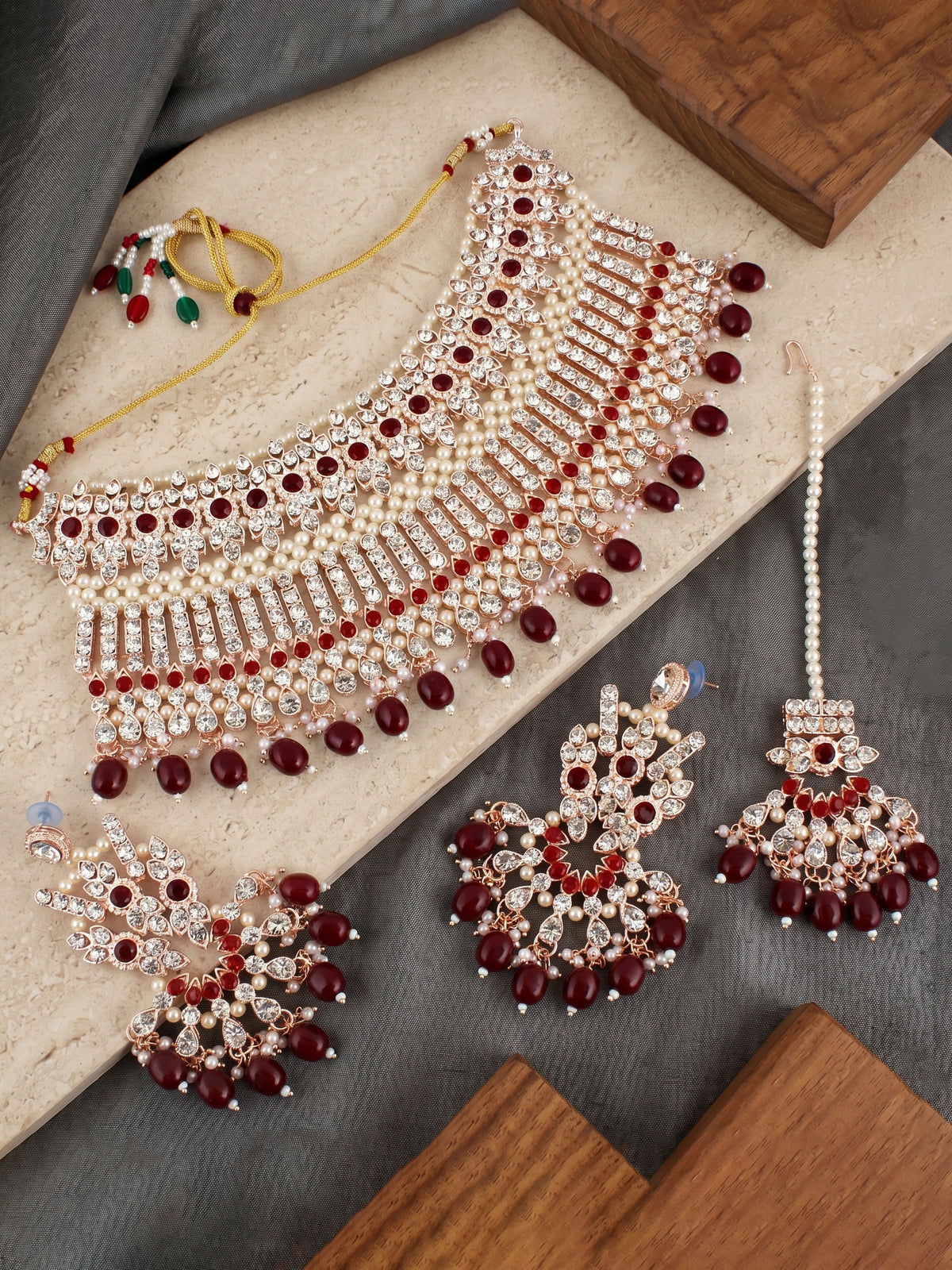Rose Gold Plated AD Maroon Stone & Pearl Bridal Choker Jewellery Set with Maang Tikka (974-B5SP-007-M)