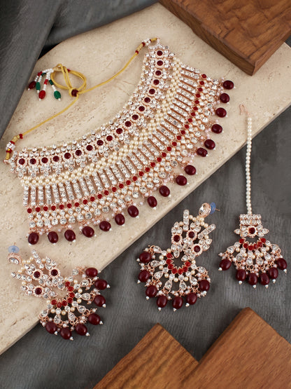 Rose Gold Plated AD Maroon Stone & Pearl Bridal Choker Jewellery Set with Maang Tikka (974-B5SP-007-M)