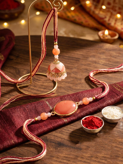 Set of 2 Pink Faux Stone Bhaiya Bhabhi Rakhi Set with Jhumki Lumba. Pink Beads, Roli, Chawal & Card (265-CHCR1-1151-PK-2-2026)