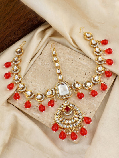 Bridal AD Red Stone Heavy Choker Jewellery Set with Sheesh Patti, Nath & Jhumka (3300-M8ZK-1106-RED)