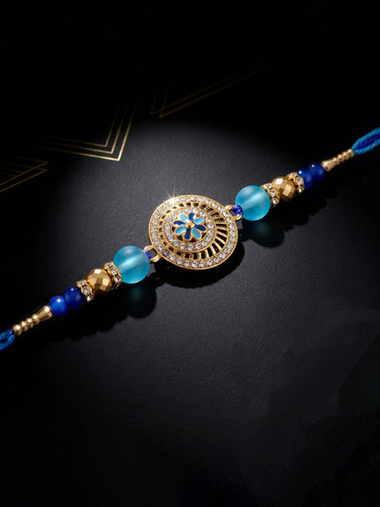 Designer Evil Eye Rakhi for Brothers with Roli Chawal & Card | Gold-Tone Crystal Studded Floral Set (109-S7R1-EA4107)