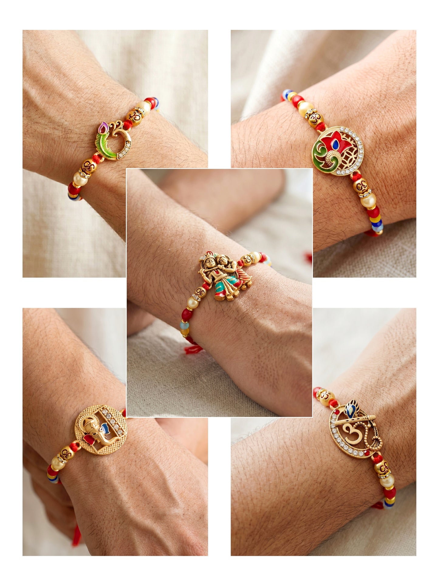 Lucky Jewellery Set of 10 Designer Rakhi for Brother | Golden Om, Krishna & Ganesha Beaded Threads with Roli, Chawal & Card (720-S5R1-2304-10)