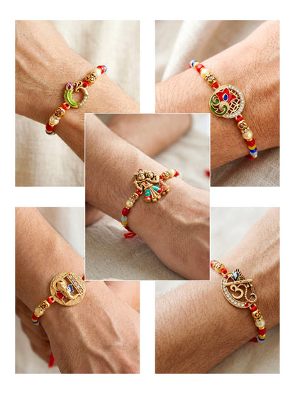 Lucky Jewellery Set of 10 Designer Rakhi for Brother | Golden Om, Krishna & Ganesha Beaded Threads with Roli, Chawal & Card (720-S5R1-2304-10)