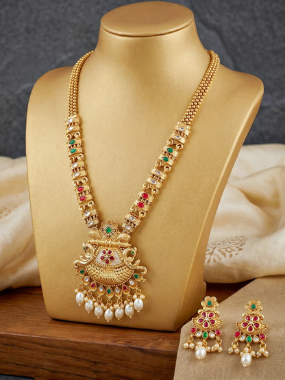 Lucky Jewellery Gold-Plated Ruby & Green Color Long Necklace Set (750-G2SR-206-RG)