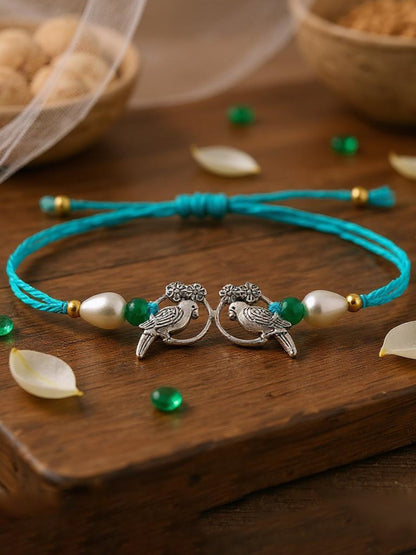Lucky Jewellery Designer Oxidised Silver Birds Design Rakhi - Rakshabandhan Rakhee with Lumba Bracelet for Brother/Bhaiya/Bhai/Bhabhi - Pack of 2 (108-JPCR1-1952-S-2)