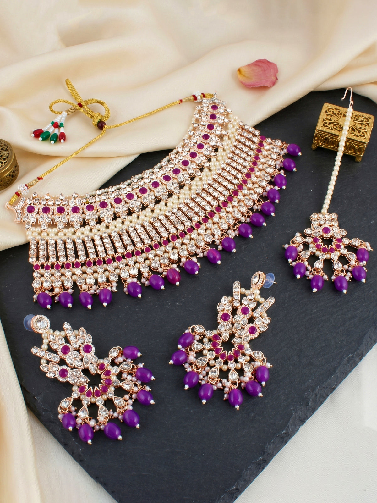 Rose Gold Plated AD Purple Stone & Pearl Bridal Choker Jewellery Set with Maang Tikka (974-B5SP-007-P)