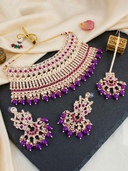 Rose Gold Plated AD Purple Stone & Pearl Bridal Choker Jewellery Set with Maang Tikka (974-B5SP-007-P)