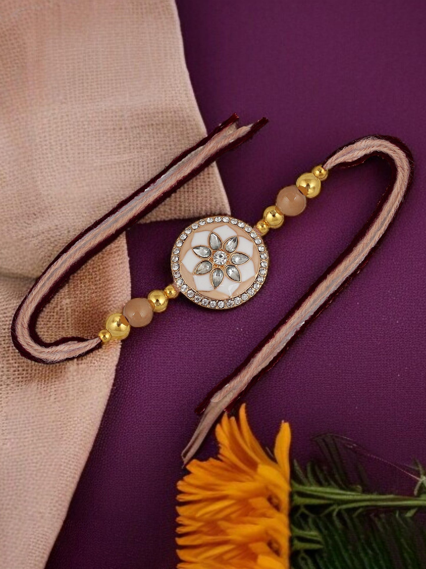 Lucky Jewellery Designer Gold Plated White and Peach Meena Stone Rakhi - Rakshabandhan Rakhee with Tasseled Lumba Bracelet for Brother Bhaiya Bhai Bhabhi - Pack of 2 (325-CHCR1-1152-W-2)