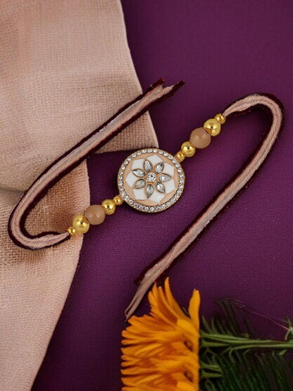 Lucky Jewellery Designer Gold Plated White and Peach Meena Stone Rakhi - Rakshabandhan Rakhee with Tasseled Lumba Bracelet for Brother Bhaiya Bhai Bhabhi - Pack of 2 (325-CHCR1-1152-W-2)