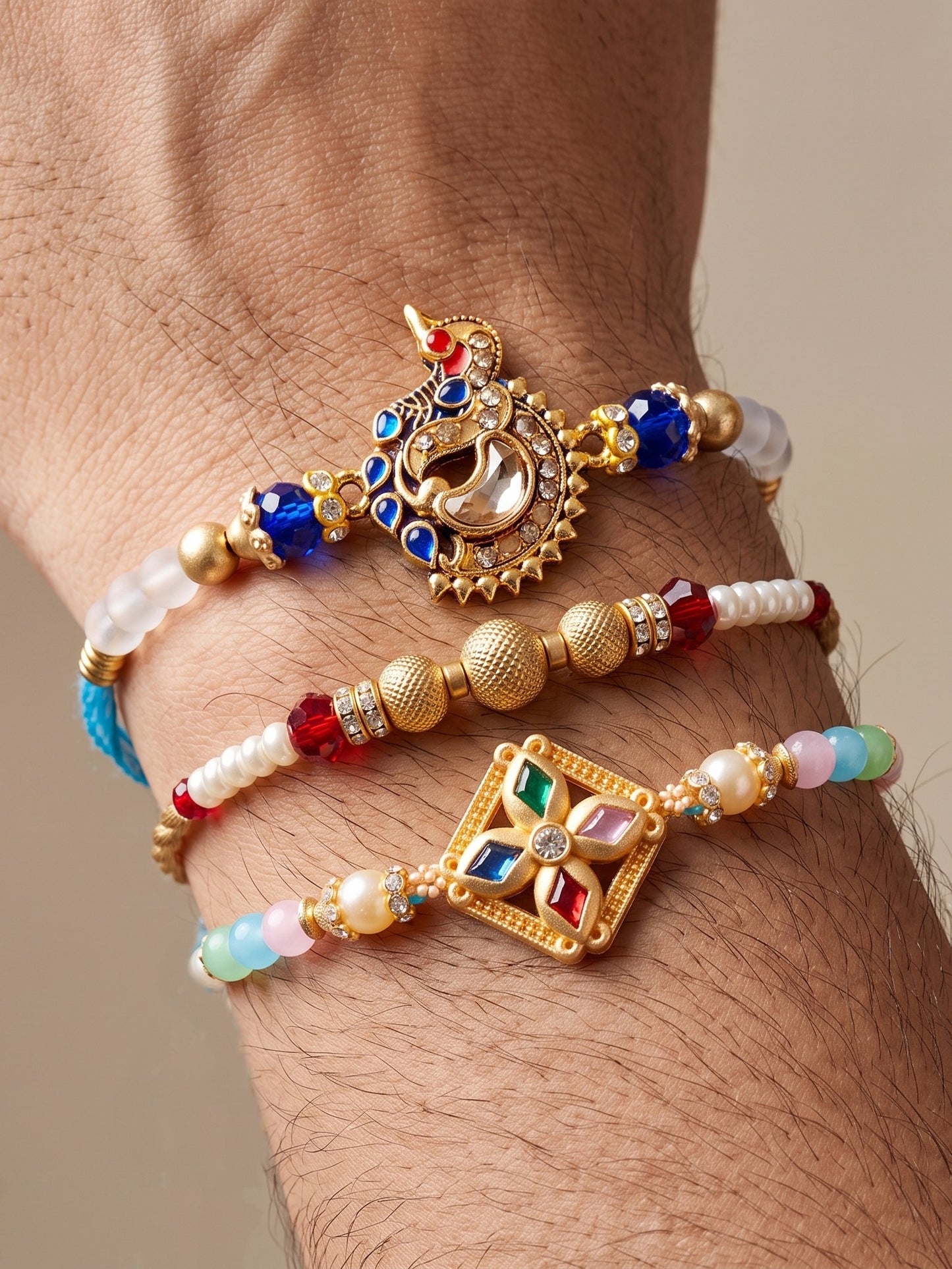 Lucky Jewellery Set of 3 Rakhi with Peacock & Square AD Pendants, Smooth White Beads, Roli Chawal & Card (142-S7R1-2318-3)