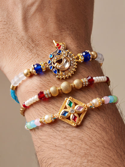 Lucky Jewellery Set of 3 Rakhi with Peacock & Square AD Pendants, Smooth White Beads, Roli Chawal & Card (142-S7R1-2318-3)