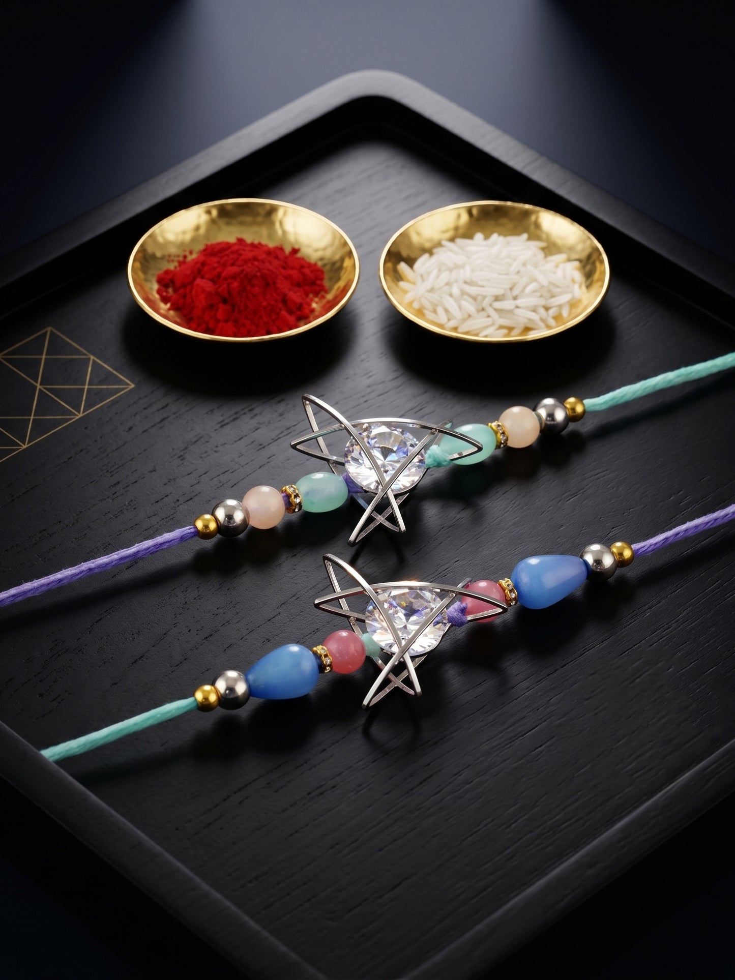 Set of 2 Rakhi with Silver Geometric AD Pendant, Pastel Beads, Roli Chawal & Card (225-CHR1-1004C-S-2-2026)
