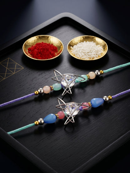 Set of 2 Rakhi with Silver Geometric AD Pendant, Pastel Beads, Roli Chawal & Card (225-CHR1-1004C-S-2-2026)