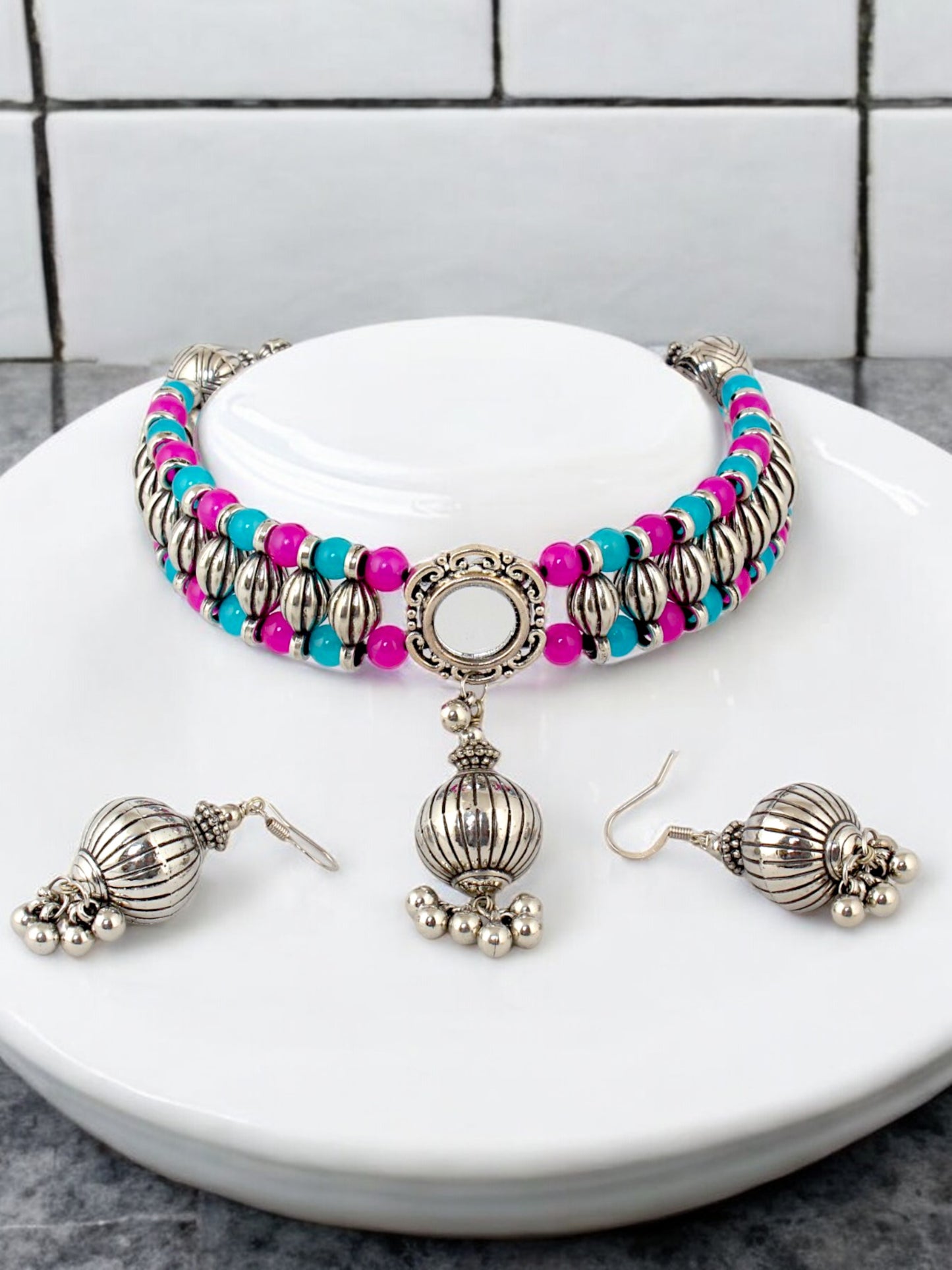 Navratri, Dandiya Garba Festival Jewellery Beads Choker Necklace with Earring