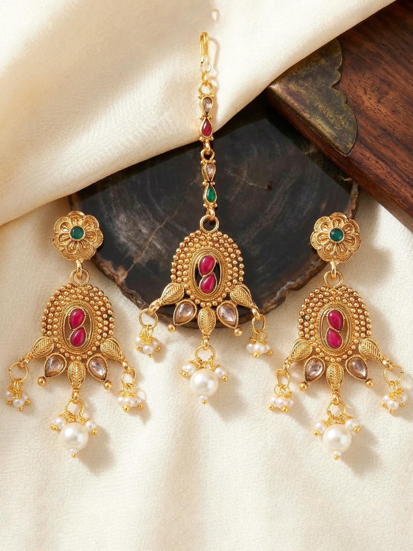 Lucky Jewellery Gold-Plated Ruby & Green Color Choker Set with Tikka (866-G2SR-005-RG)