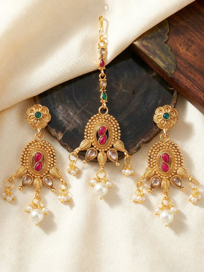 Lucky Jewellery Gold-Plated Ruby & Green Color Choker Set with Tikka (866-G2SR-005-RG)