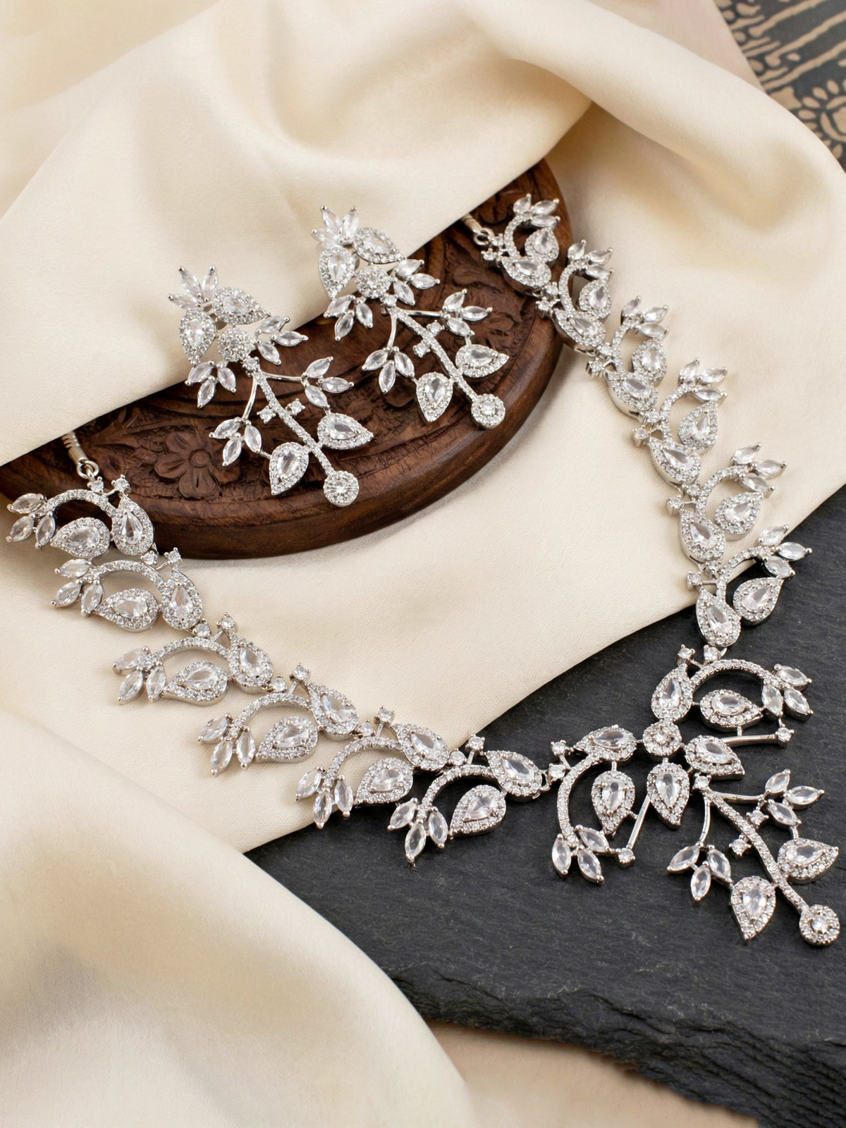 Silver-Tone White Stone & American Diamond Necklace Set with Earrings for Women – Office, Party & Function Wear (1948-K4SA-2241-W-S)