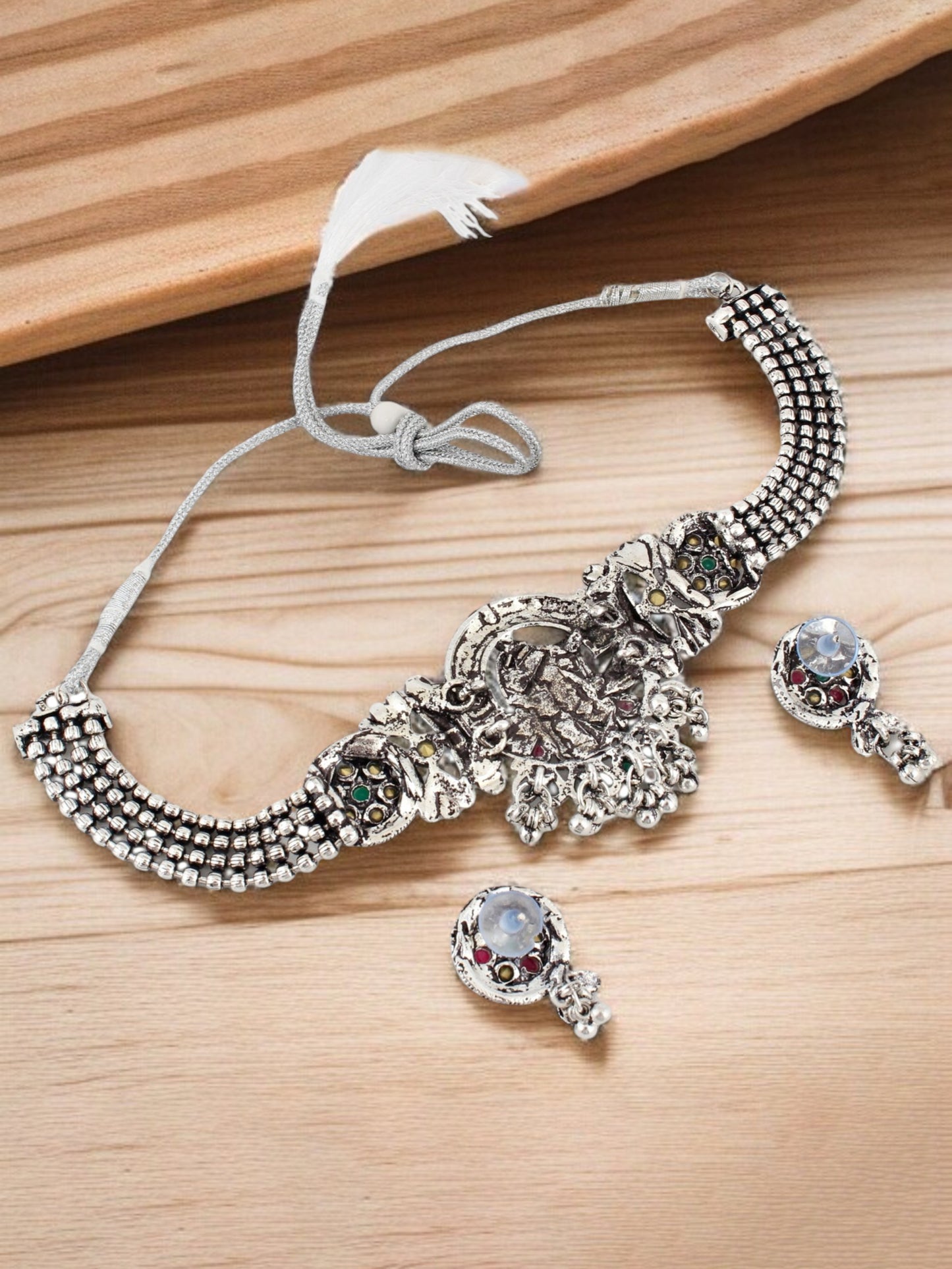Oxidised Silver Radha Krishna Temple Jewellery Choker Set for Women & Girls