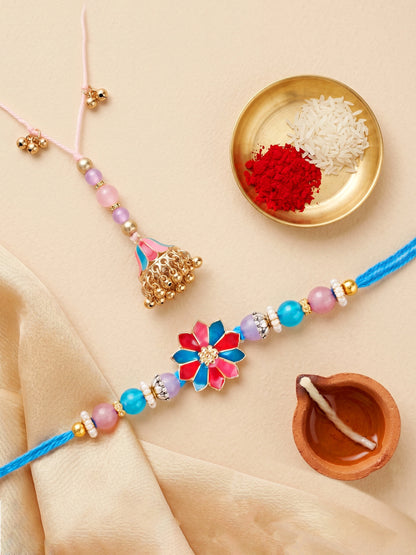 Set of 2 Designer Floral Bhaiya Bhabhi Rakhi Set with Meenakari Jhumki Lumba, Roli, Chawal & Card (240-CHCR1-1146-PKB-2-2026)